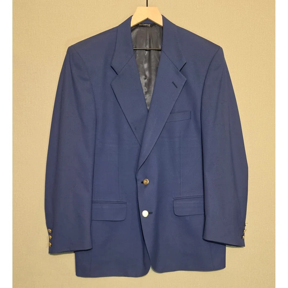 Burberrys Mens Super 100s Loomed Wool Blazer Navy Blue Gold Button Suit Jacket